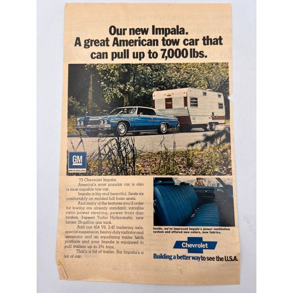 Vintage Rare Blue 1973 Impala Camper 454 Big Block Original Magazine Print Ad